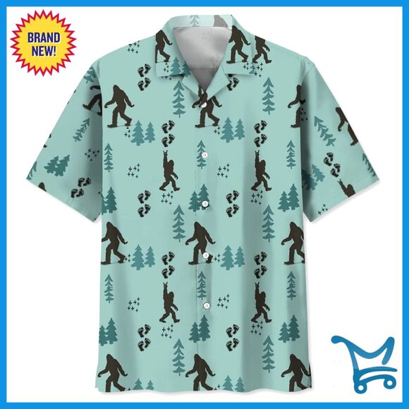 Men's Bigfoot Hawaiian Shirt Short Sleeve Button Down Polyester Summer Casual